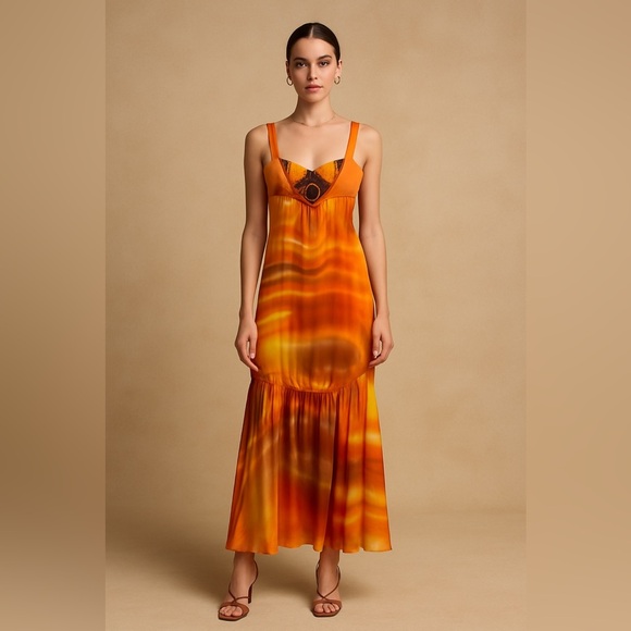 Camelot Orange 100% Silk Maxi Dress Beaded Bodice Size S Formal Evening Gown - Picture 4 of 16